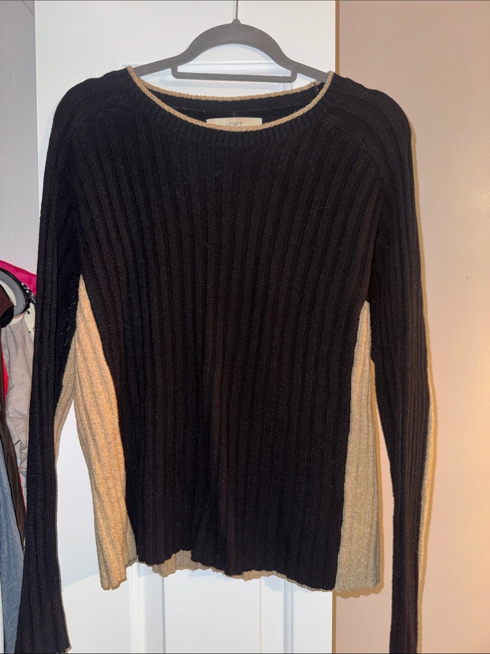 LOFT Black Ribbed Crewneck Sweater with Cream Side Panels